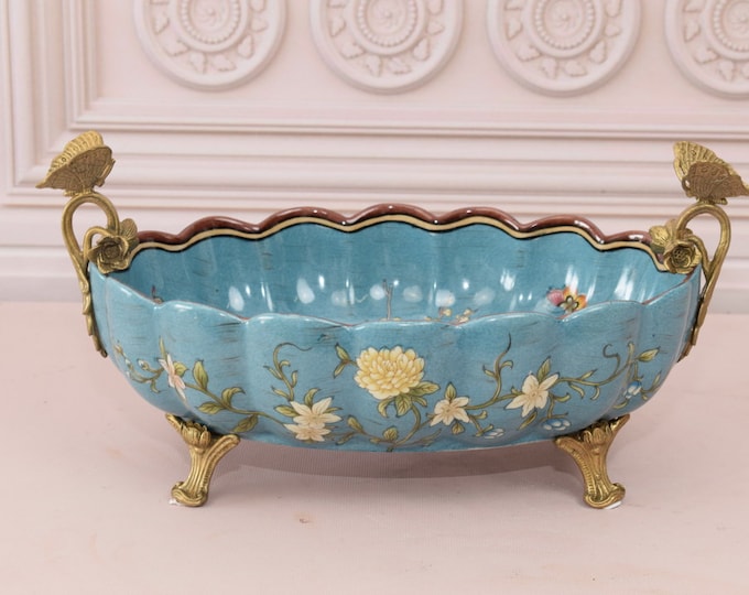 Porcelain Bowl with Bronze Ornaments - Butterflies Bronze - Blue Plateau Antique Porcelain - Home Decor - Gift for Wedding, Birthday