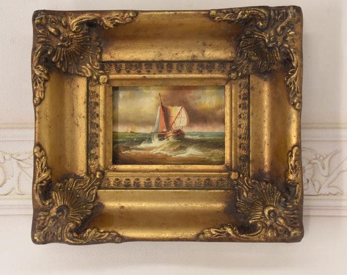 Vintage Boat Painting: Handmade Nautical Seascape with Gold Frame