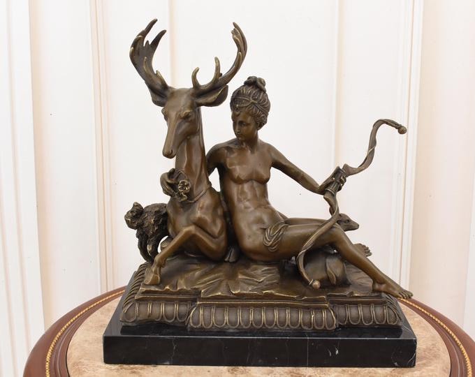 Bronze Diana and Deer Sculpture: Signed Mythology Art on Marble Base