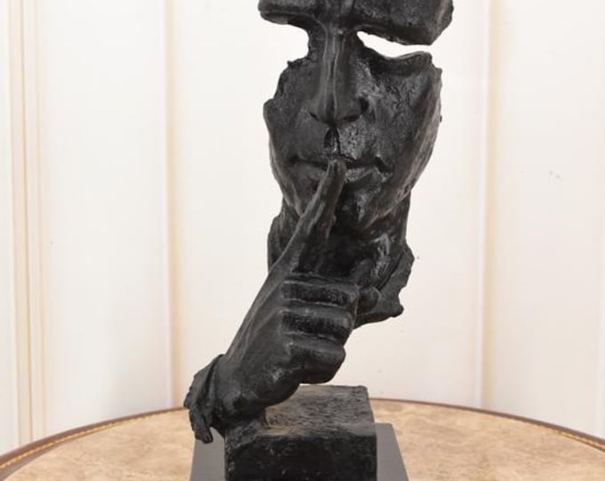 Bronze Statue "The Moment" Man Asking for Silence - Vintage Sculpture on Marble Base - Home and Garden Decor - Gift Idea