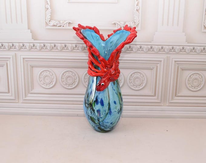 Blue and Red Vase Murano Style Glass - Vase with Fish Handcrafted Flower Pot - Colorful Flower Pot - Massive and Heavy - Home Decor Gift