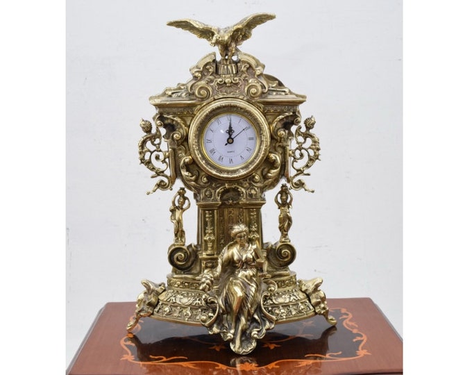 Large Polish Handcrafted Solid Brass Clock - Eagle and Victoria - Brass Table Clock - Fireplace Clock - Richly Decorated Exclusive Gift Idea