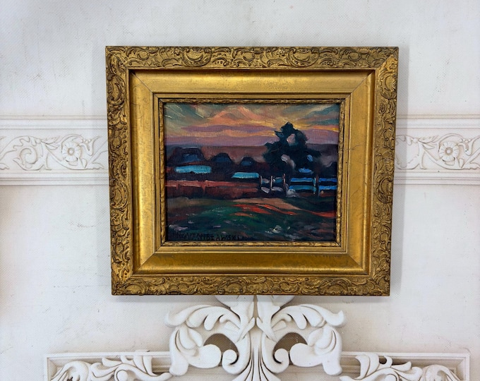 Vintage Landscape Oil Painting on Wood - Jan Stanisławski Style - Rural Sunset Scene - Ornate Gold Frame