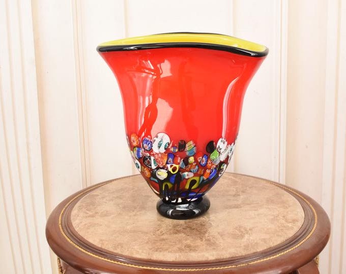 Limited Edition Red Murano Style Glass Vase – Shell, Peacock Eye Pattern – Thick Art Glass