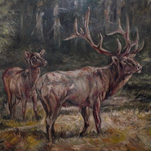 Antique Painting Hunting Scene - Deer and Fawn Deer in the Forest - Art - Painting Oil on Canvas - Wall Art - Wall Decor - Home Decor