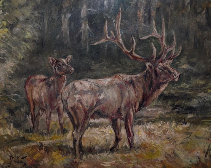 Antique Painting Hunting Scene - Deer and Fawn Deer in the Forest - Art - Painting Oil on Canvas - Wall Art - Wall Decor - Home Decor