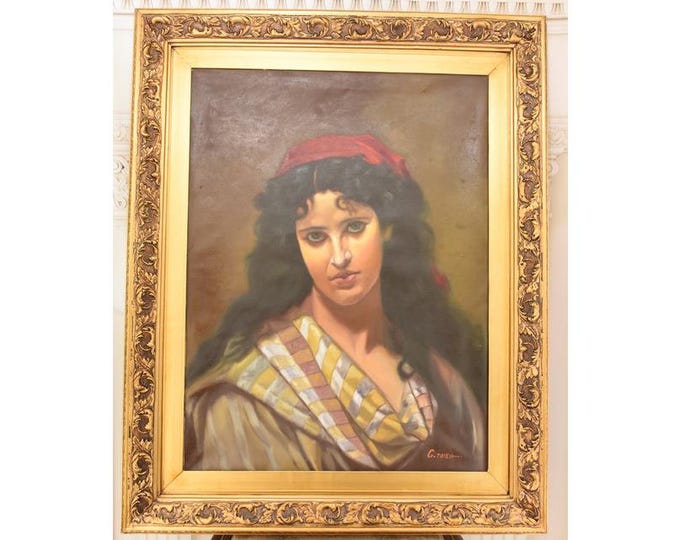 Vintage Oil Painting – Portrait of a Woman in a Red Headscarf – Gold Frame – Circa 1960