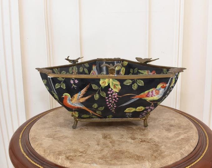 Vintage Black Porcelain Bowl with Bronze Bird Ornaments - Floral Design