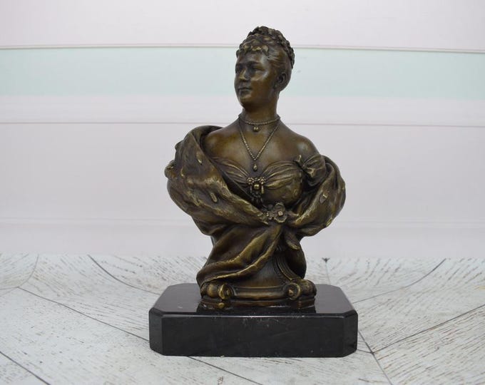 Augusta Victoria Bronze Bust – Empress of Germany Sculpture, Signed French Art with Marble Base, Antique Collectible, Royal Home Decor