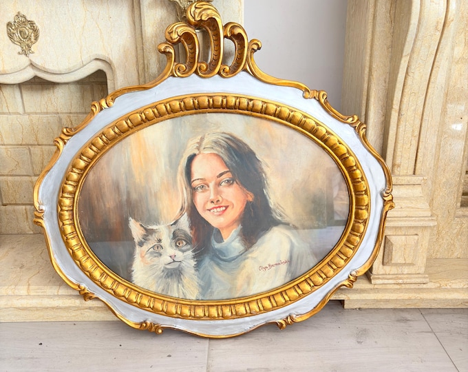 Antique Art Deco Painting: Woman with Cat, Unique Frame, Polish Art