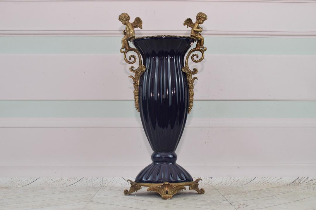 Cobalt Porcelain Vase: Bronze Angels, Art Nouveau Decor - Etsy
