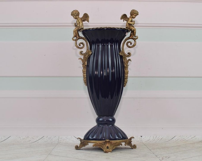 Cobalt Flower Vase with Bronze Ornaments – Two Angels – Art Nouveau Style – Elegant Vintage Gift – Wedding Decor – Home Accent Piece