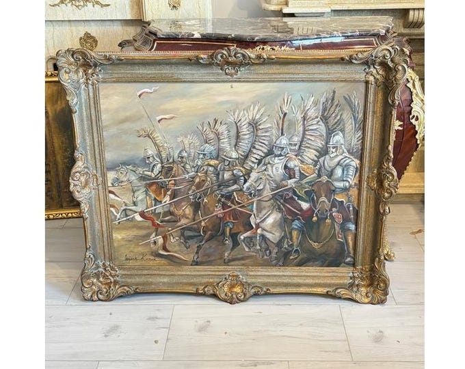 Antique Polish Hussars Oil Painting – Cavalry Battle Scene, Historical Wall Art
