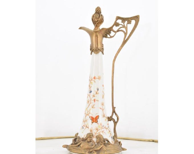 Porcelain Wine Jug with Bronze Handle - Porcelain Carafe - Gold Bronze - Floral Ornaments - Art Nouveau Style - Home Decor - Kitchen Decor