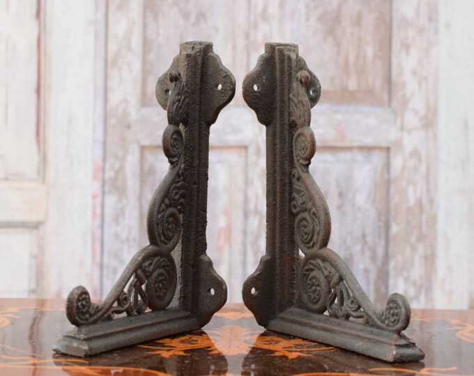Decorative Hooks for Wall Ledges - Pair Cast Iron Shelf Brackets - Rustic Home and Garden Decor - Solid and Stable - Wall Bookshelf Support