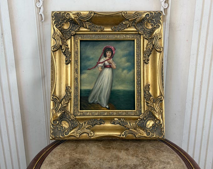Vintage Young Lady Portrait Painting - Woman in White Dress and Red Bonnet - Ornate Gold Frame - Romantic Wall Art