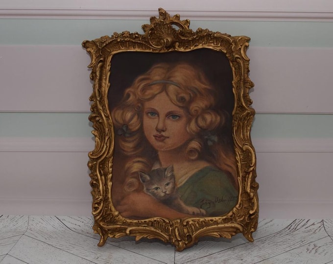 Antique Painting Girl with Cat - Painting on Canvas with Old Gold Frame - Mehoffer Art Deco Painting Polish Artist - Wall Decor - Home Decor