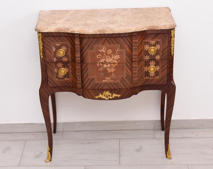 French Baroque-Style Commode — Beech Wood with Bronze Ornaments and Marble Top — Antique Chest of Drawers, France circa 1930