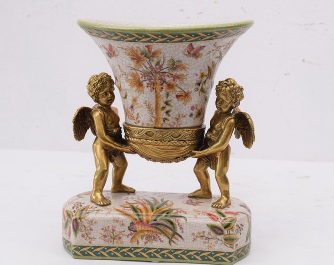 Porcelain bowl - bronze ornaments two angels - plateau porcelain vintage - luxury bowl porcelain - floral design- gift idea