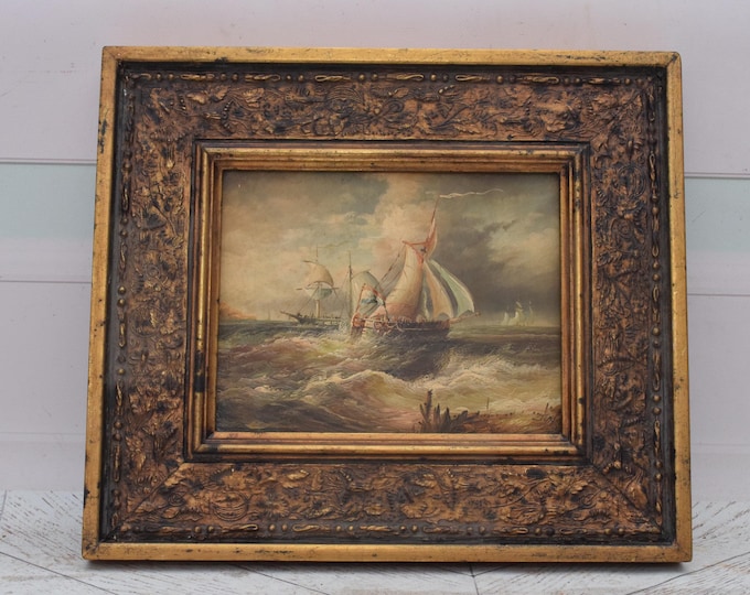 Vintage Painting Boats on Sea - Painting with Gold Frame - Sea Lovers Art - Painting HandMade Wall Decor - Home Decor - Gift Idea