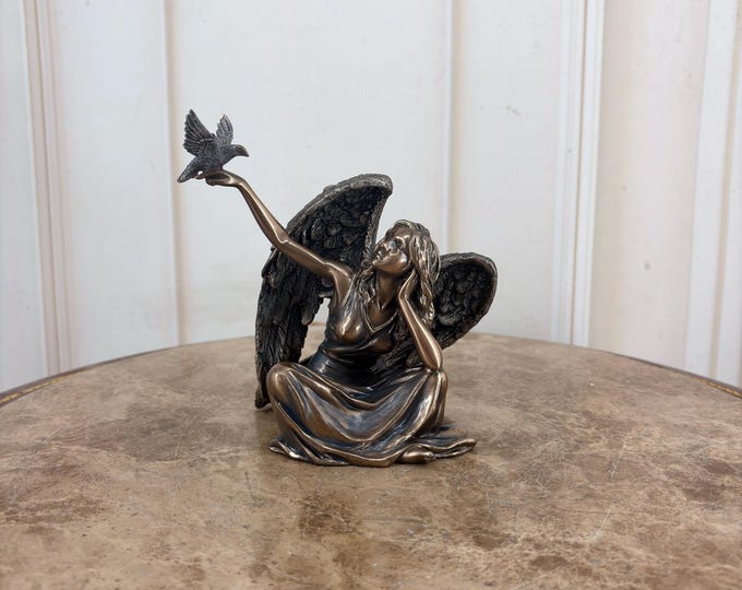 Vintage Angel with Dove Figurine – Bronze-Coated Decorative Statue – Guardian Angel Sculpture – Spiritual Home Decor