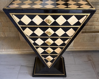 Art Deco 5-Drawer Commode - Geometric Black & Gold Diamond Pattern - Glamour Storage Cabinet