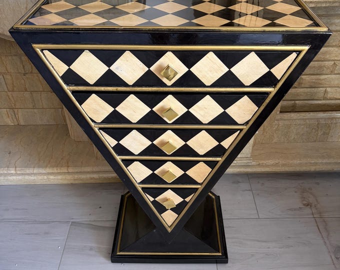 Art Deco 5-Drawer Commode - Geometric Black & Gold Diamond Pattern - Glamour Storage Cabinet
