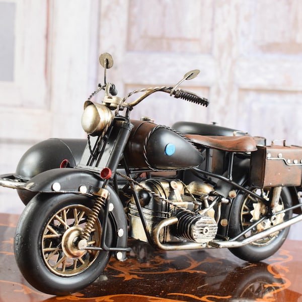 Moto Negra con Sidecar - Modelo de Metal de la Vieja Escuela - Modelo de Motocicleta Antigua - Juguete Vintage - Artículo de Coleccionista - Idea de Regalo - Decoración del Hogar