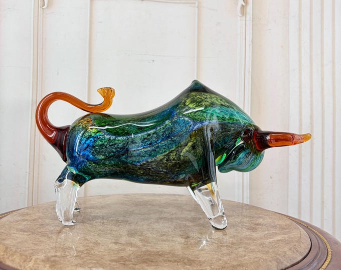 Vintage Green Glass Bull – Venetian Art Figure Home Decor
