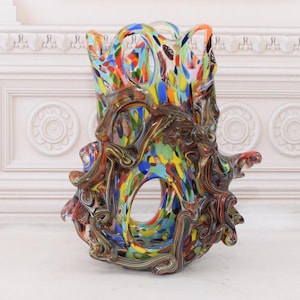 Colorful Vase Murano Style Glass - Handcrafted Flower Pot - Colorful Flower Pot - Massive and Heavy - Italian Luxury Glass - Home Decor
