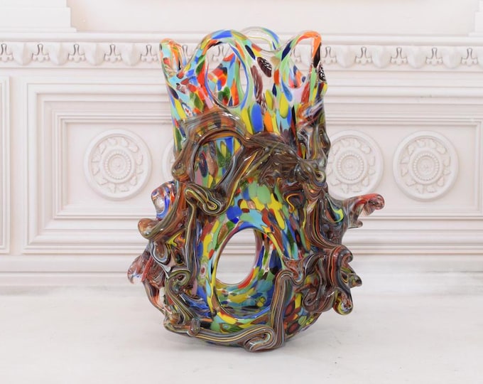 Colorful Vase Murano Style Glass - Handcrafted Flower Pot - Colorful Flower Pot - Massive and Heavy - Italian Luxury Glass - Home Decor