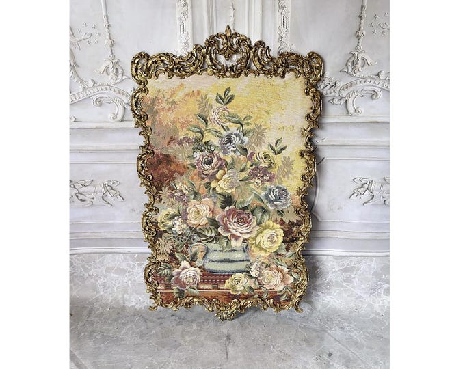 Large Vintage Floral Gobelin Tapestry – Ornate Bronze Frame Wall Art