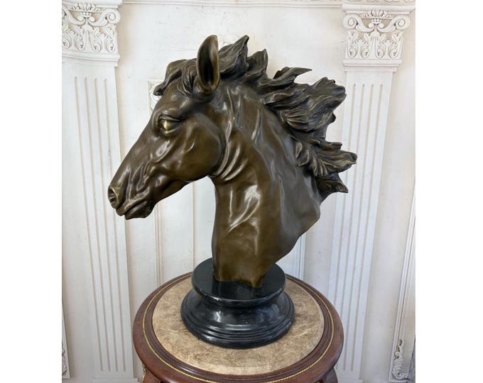 Large Bronze Horse Head Bust - Monumental Equestrian Statue - Marble Base