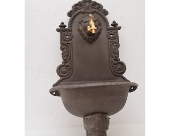 Brown Rustical Cast Iron Wall Fountain with Brass Faucet Tap - Head Lion Design - Patio &  Wall Ornament Outdoor