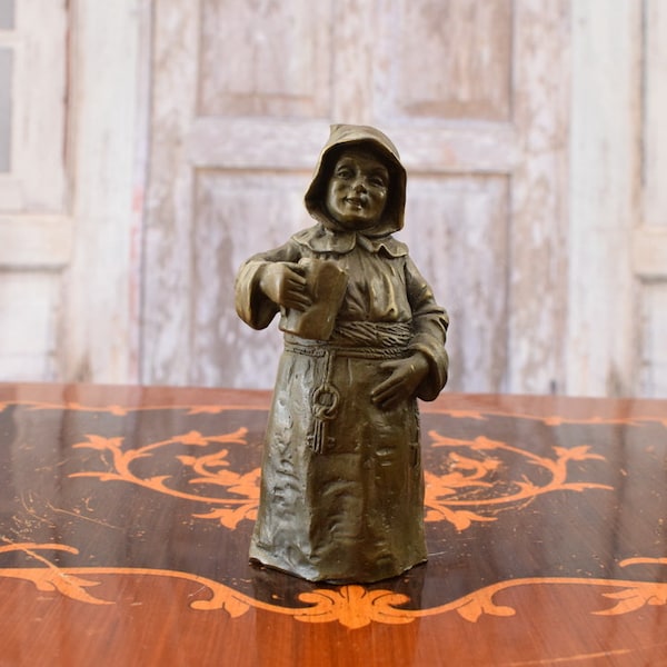 Monk Bronze Bell Statue - Vintage Religious Decor (12cm)