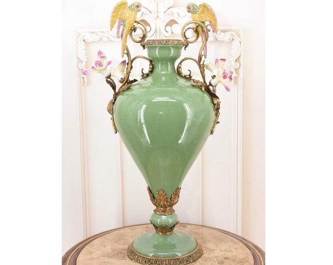 Porcelain Flowerpot with Parrots - Bronze Ornaments - Art Nouveau Vase - Green Decorative Bottle - Vintage Home Decor - Collectible Gift