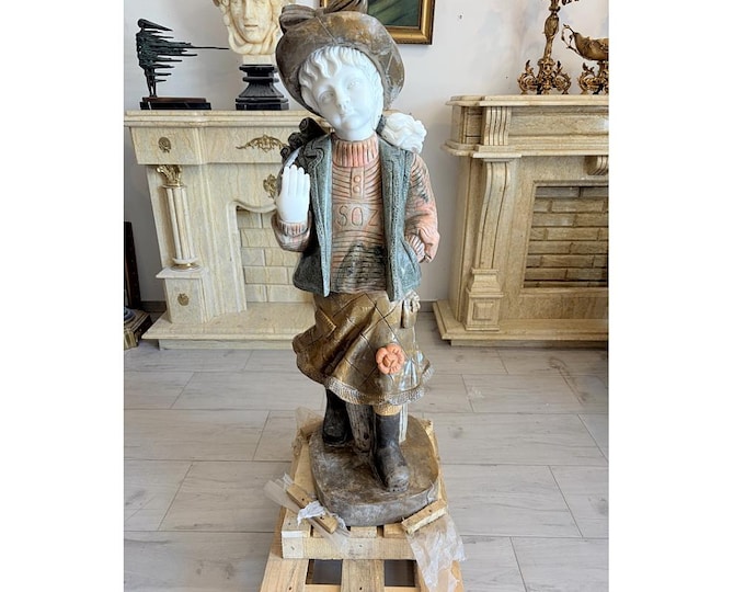 Large Vintage Marble Girl Statue – French Style Garden Sculpture, Multi-Color Stone Figurine