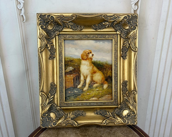 Vintage Hunting Dog Painting - Spaniel in Countryside - Ornate Gold Frame - Classic Animal Wall Art