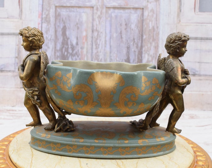 Gilded Plateau Porcelain with Bronze Ornaments - Vintage Bowl with Two Angels Statues - Antique Porcelain - Dinner Decor - Home Decor