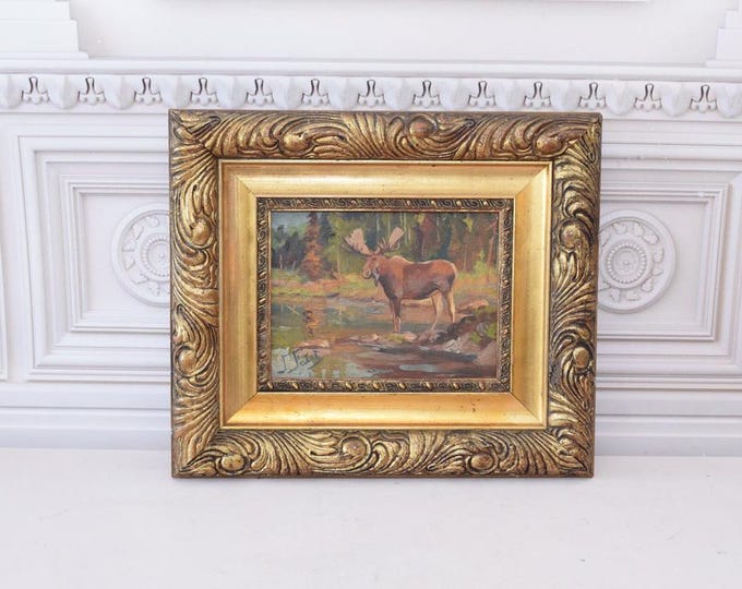 Moose on the Lake - Hunter Scene - Antique Painting on Wood - Unique Old Frame - Falat Summer Landscape - Wall Art Home Decor