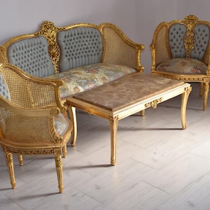 Royal Coffee Furniture Set – Sofa + 2 Armchairs + Marble Top Baroque Table | Luxury Wooden Living Room Set