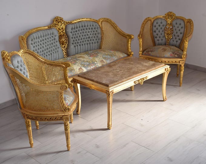 Royal Coffee Furniture Set – Sofa + 2 Armchairs + Marble Top Baroque Table | Luxury Wooden Living Room Set