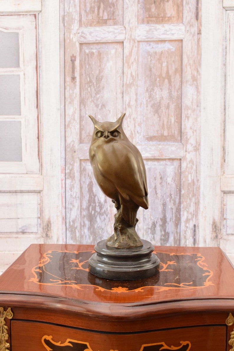 Large Bronze Owl Figurine: Vintage Wisdom Symbol on Marble Base image 8