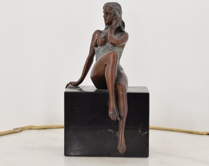 Bronze Woman Sitting on Pedestal Sculpture with Marble Base – Elegant Female Figure in Dress – Unique Art Decor and Gift Idea Art Collectors