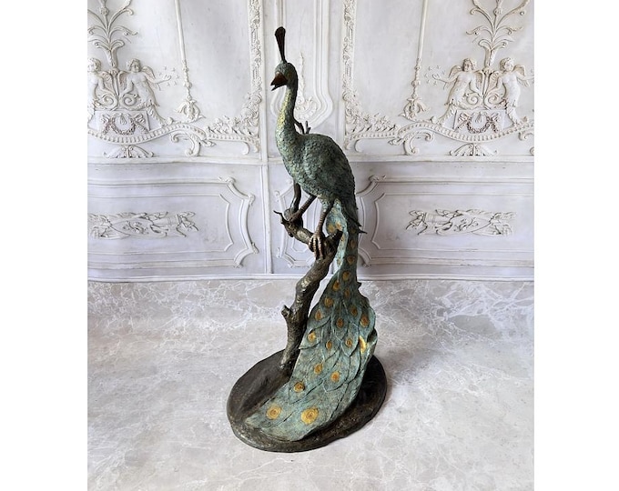 Vintage Bronze Peacock Fountain – Hand-Painted French Garden Sculpture, Luxury Decor