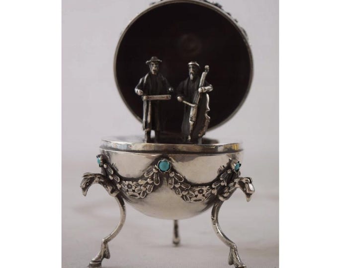 Imperial Russian Style Silver Egg - Jewish Musicians Figurine - Ruby Set Collectible Decorative Egg