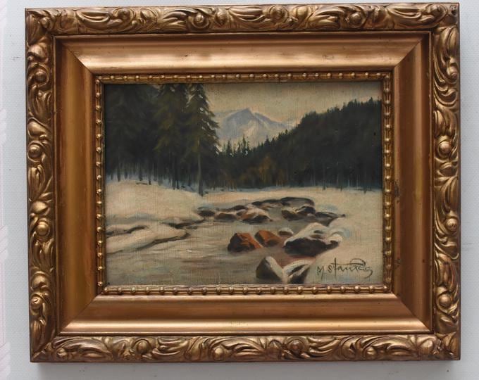 Antique Painting Polish Mountains – Dunajec River & Zakopane – Oil on Wood Tatry - Mountain Landscape - River Scene - Vintage Wall Decor