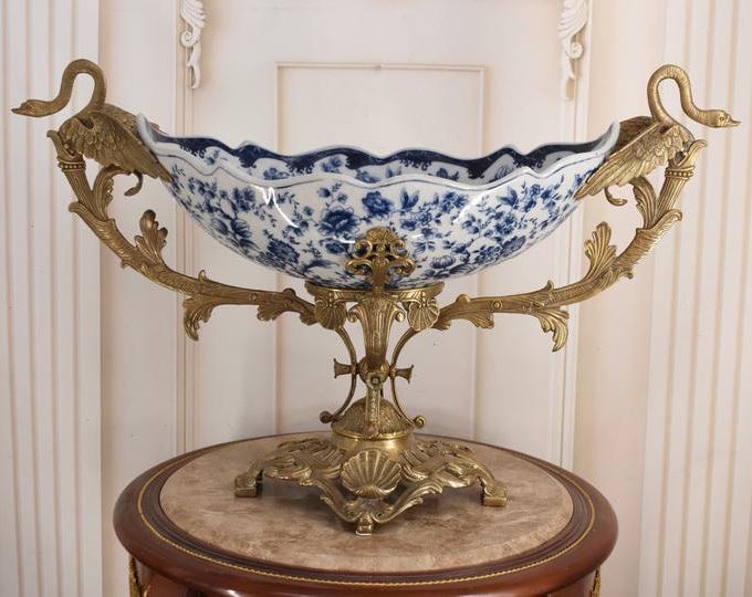 Art Nouveau Porcelain Centerpiece: Blue Plateau, Bronze Swans, Floral Design