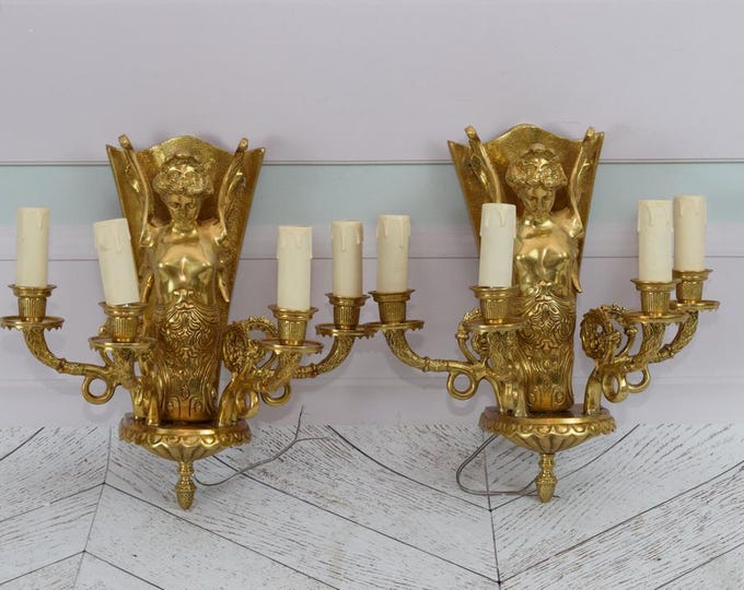 Two Bronze Empire Wall Sconces - Bronze Winged Nymphs - Pair Bronze Candlesticks - Wall Decor - Wall Art Candlestick - Home Decor