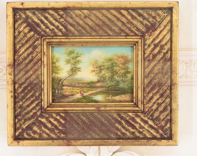 Vintage French Landscape Painting – Summer River Scene, Gold Frame